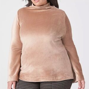 Lane Bryant Velvet Ribbed Top Womens 14/16 Classic Mock-Neck Beige Bell Sleeves